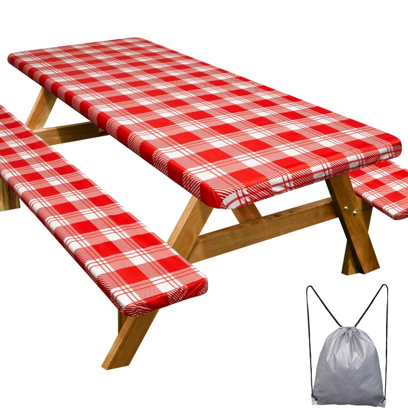 Play Tailor Picnic Table Cover with Bench Covers Camping Essentials Waterproof Windproof Camping Tablecloth with Drawstring Bag  Fitted Rectangle Tables and Seats  72in  Red Checkered - Image 1